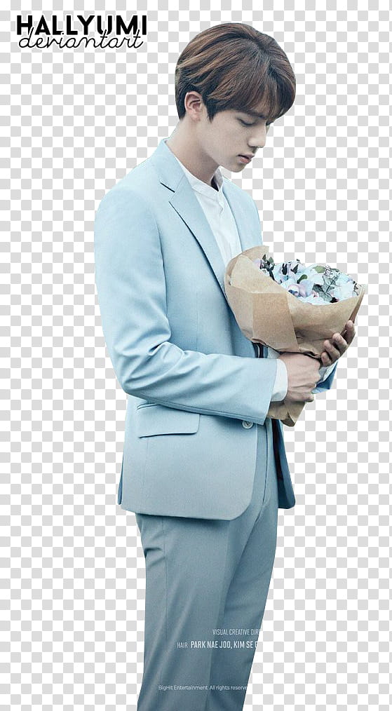 BTS, man in blue blazer holding flower bouquet transparent background PNG clipart