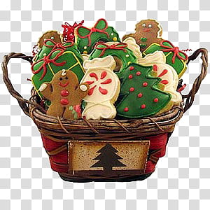 Christmas Items I, gingerbreads inside of wicker basket transparent background PNG clipart