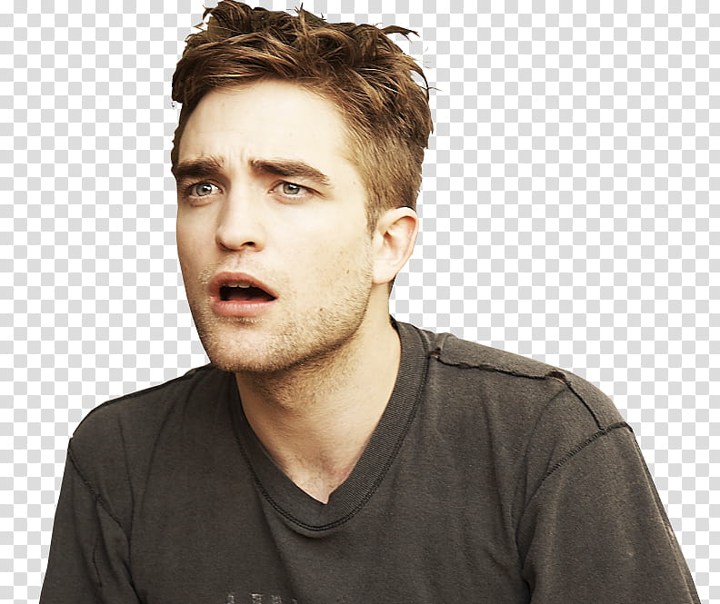 Robert Pattinson, surprised Robert Pattinson wearing black crew-neck shirt transparent background PNG clipart