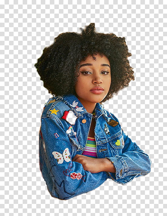 AMANDLA STENBERG, woman wearing blue and multicolored denim jacket transparent background PNG clipart