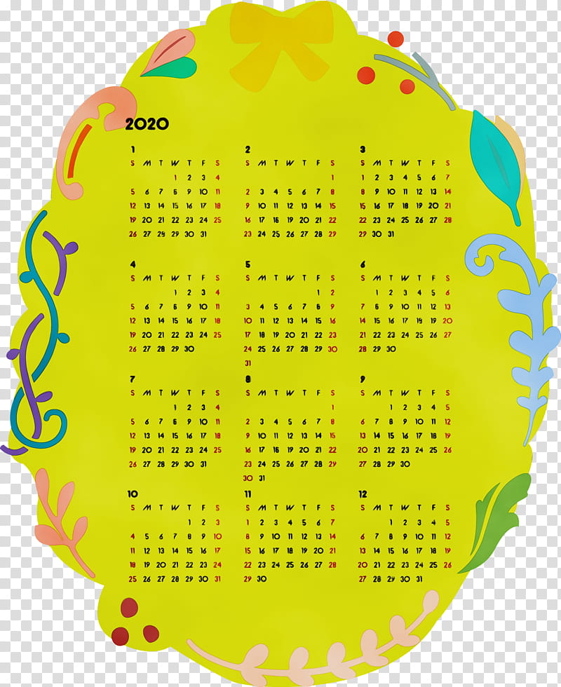 yellow fruit, 2020 Yearly Calendar, Printable 2020 Yearly Calendar, Year 2020 Calendar, Watercolor, Paint, Wet Ink transparent background PNG clipart