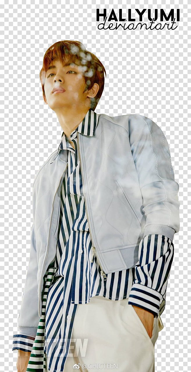 Winwin, man wearing gray jacket and white and blue striped long-sleeved shirt transparent background PNG clipart