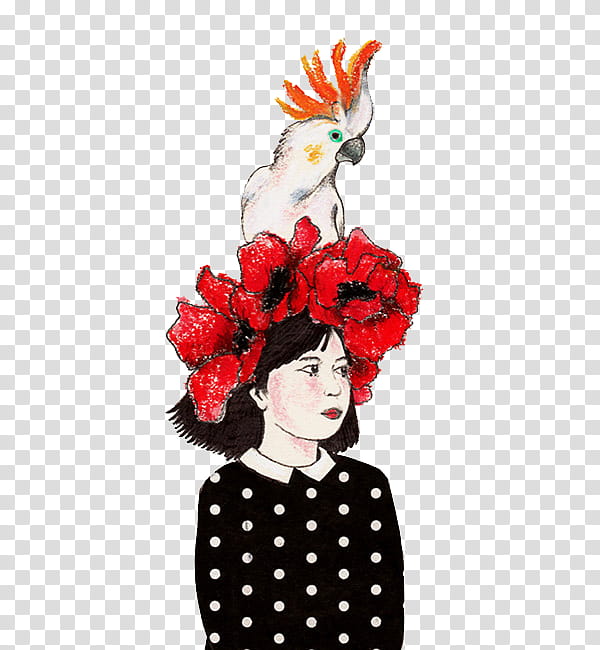 art , red-crested cockatoo bird perching on woman's head illustration transparent background PNG clipart