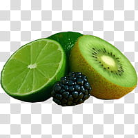 Fruit, sliced kiwi and lime beside blackberry fruit transparent background PNG clipart