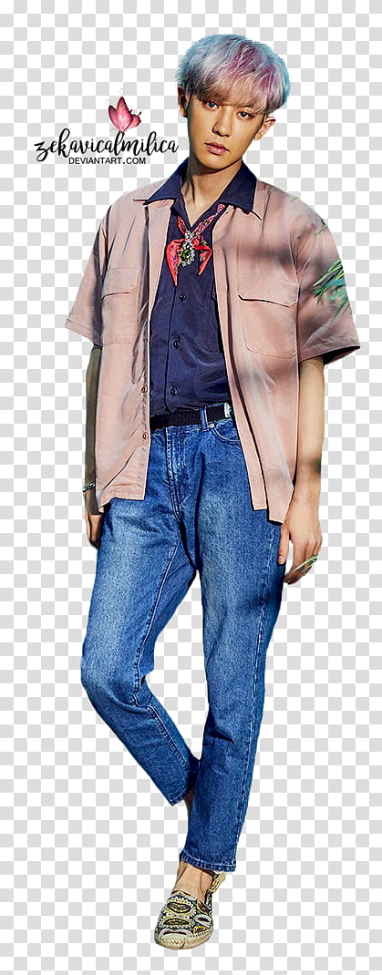 EXO Chanyeol The War, men's pink short-sleeved button-up shirt and faded blue jeans transparent background PNG clipart