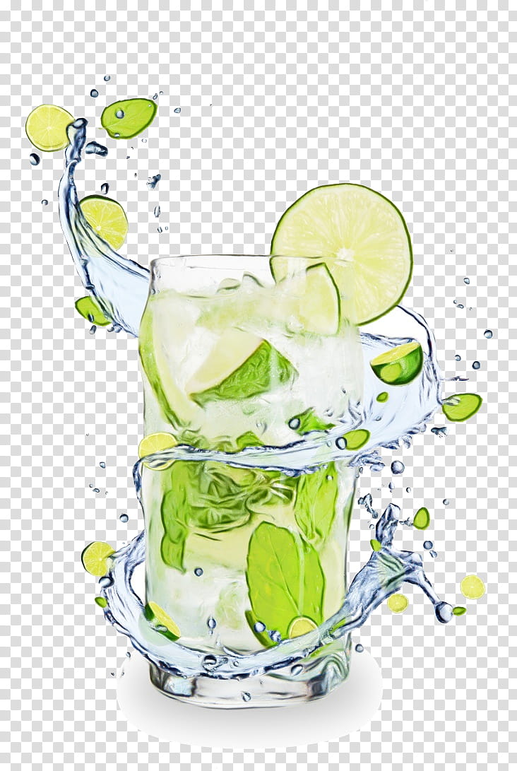 water drink cocktail garnish lime highball glass, Watercolor, Paint, Wet Ink, Alcoholic Beverage, Limonana, Plant transparent background PNG clipart