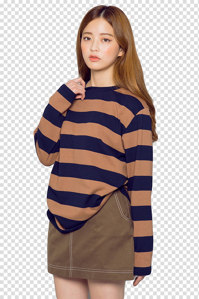 Model Lim Bora, woman in brown and blue long-sleeved shirt standing transparent background PNG clipart