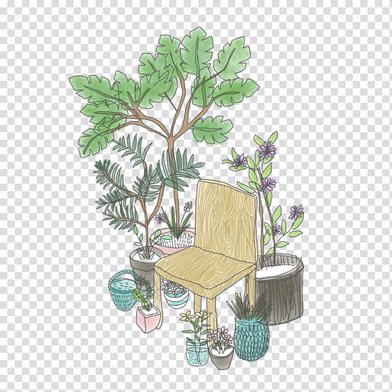 wooden chairs surrounded by potted plants illustration transparent background PNG clipart