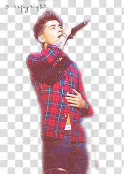 One Direction, man wearing red and blue plaid shirt holding microphone transparent background PNG clipart