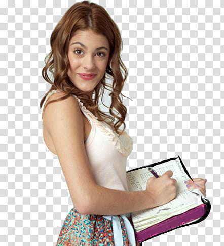 Violetta Martina Stoessel, woman holding journal transparent background PNG clipart