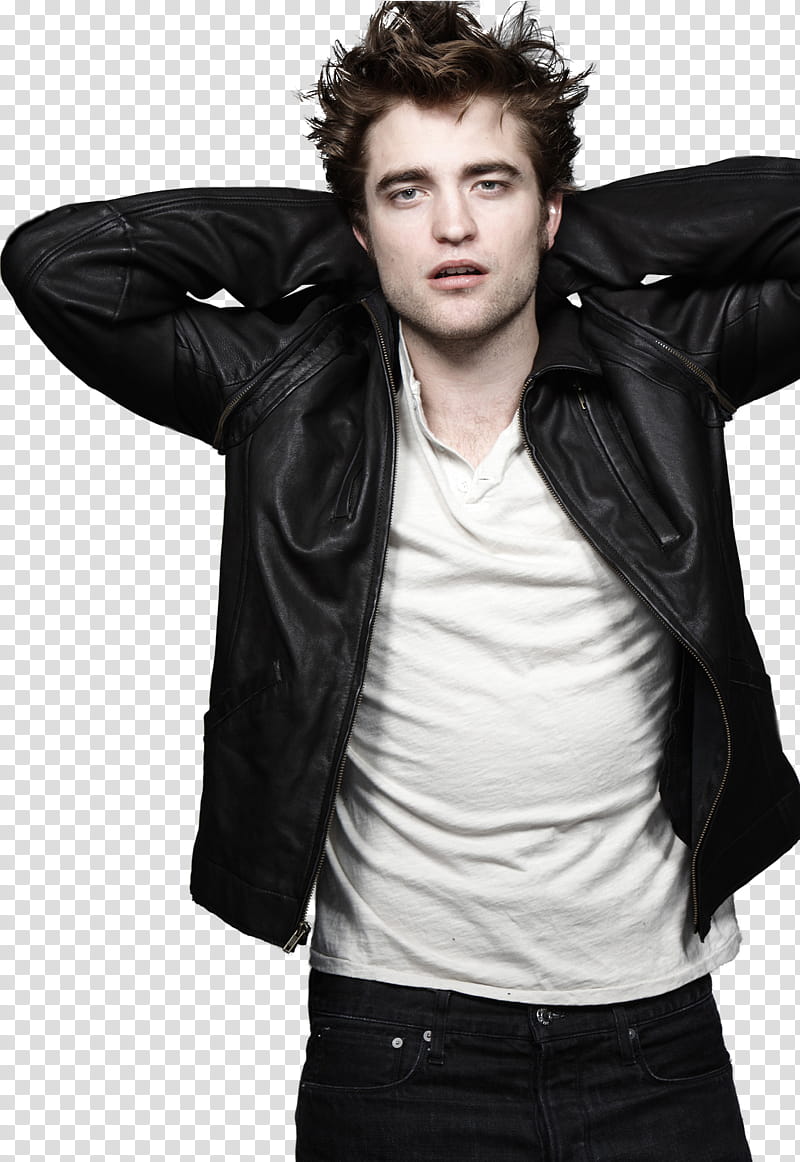 Robert Pattinson , Robert Pattinson wearing black jacket with his hands on his head transparent background PNG clipart