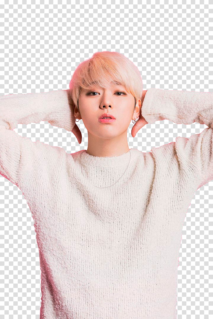 ZICO, blond man wearing white sweater with both hands on the back of his head transparent background PNG clipart