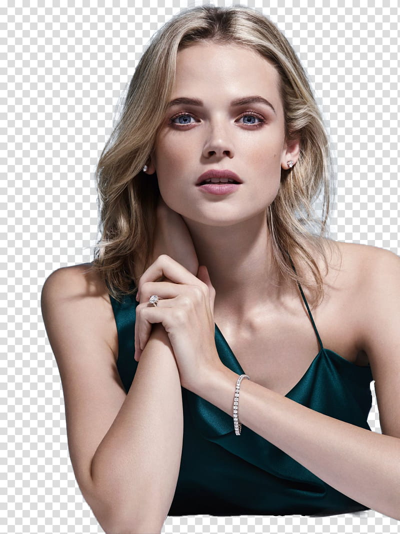 GABRIELLA WILDE, woman wearing green sleeveless top with her right hand on her neck transparent background PNG clipart