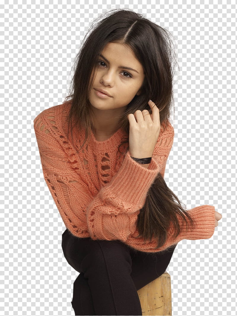 Selena Gomez, Selena Gomez leaning forward with elbow on knees transparent background PNG clipart