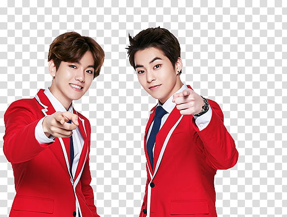 EXO KFC CHINA, two men beside each other pointing transparent background PNG clipart