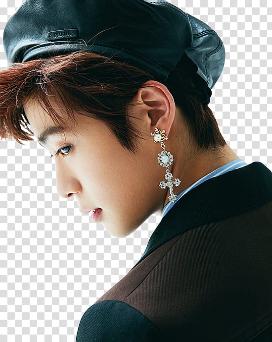 Jung Jaehyun Vogue Korea, man wearing black suit jacket and clear gemstone encrusted silver-colored cross drop earring transparent background PNG clipart