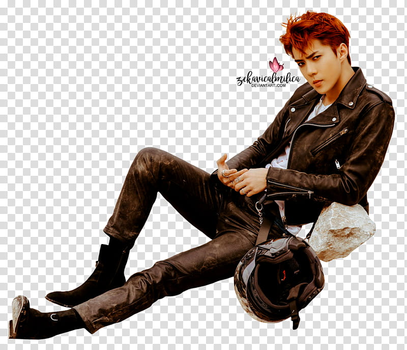 EXO Sehun Don t Mess Up My Tempo, man wearing black leather jacket and black pants leaning on rock transparent background PNG clipart