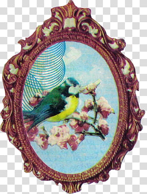 Vintage decors, yellow and green bird perching on white petaled flower graphic mirror transparent background PNG clipart thumbnail