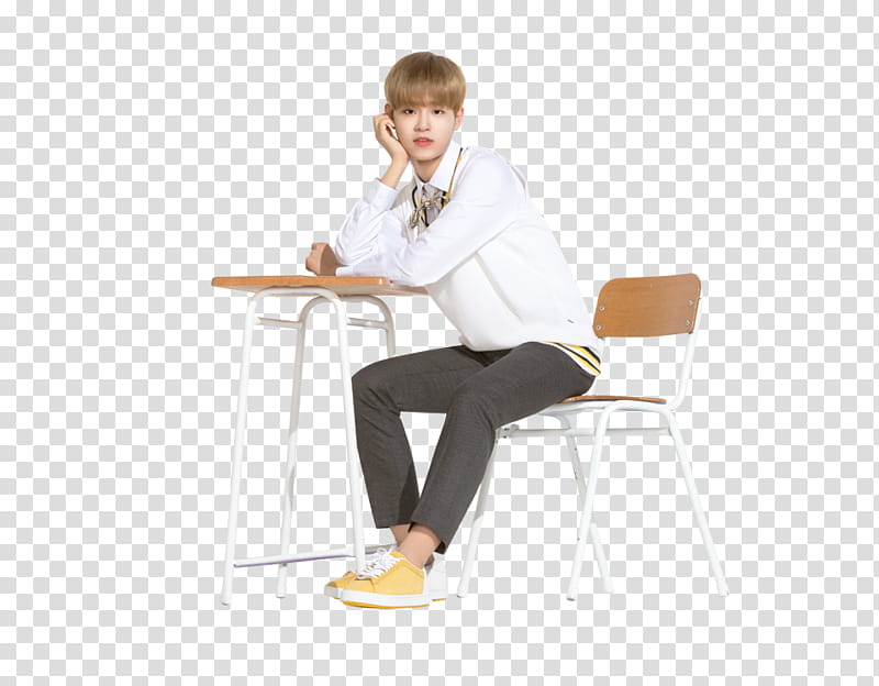 WANNA ONE X Ivy Club P, man sitting on brown chair transparent background PNG clipart