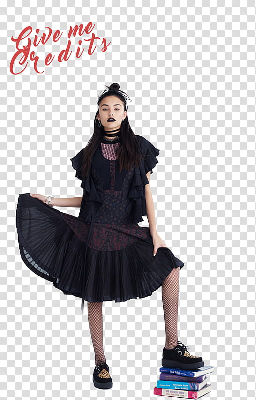 Madison Beer, woman in black dress stepping on pile of books transparent background PNG clipart