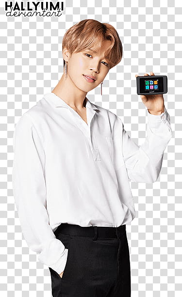 BTS, man holding smartphone with text overlay transparent background PNG clipart