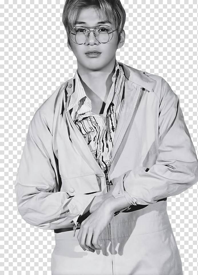 KANG DANIEL WANNA ONE , grayscale graphy of man wearing button-up jacket and eyeglasses transparent background PNG clipart