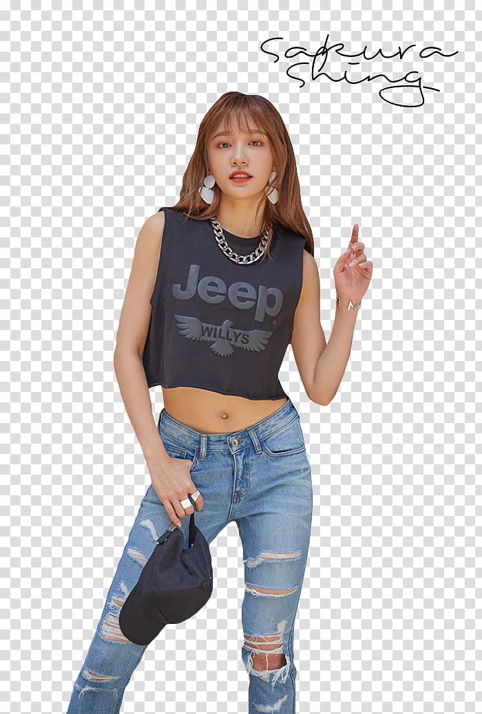 Hani, woman in black Jeep crop shirt and blue distressed jeans transparent background PNG clipart