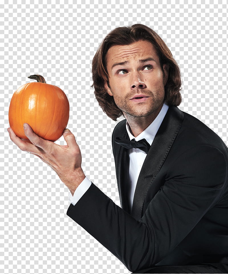 Spooky Supernatural Cast , man in black blazer holding pumpkin transparent background PNG clipart