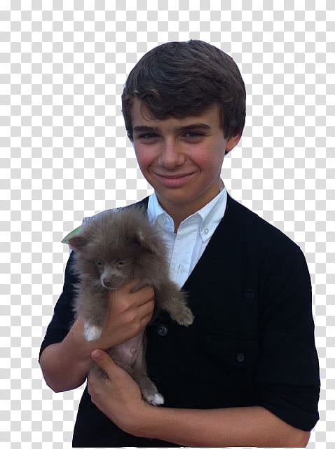 Christian Beadles, smiling boy carrying long-coated gray puppy transparent background PNG clipart