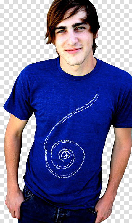 Kendall Schmidt , smiling man in blue shirt putting both thumbs on pocket transparent background PNG clipart