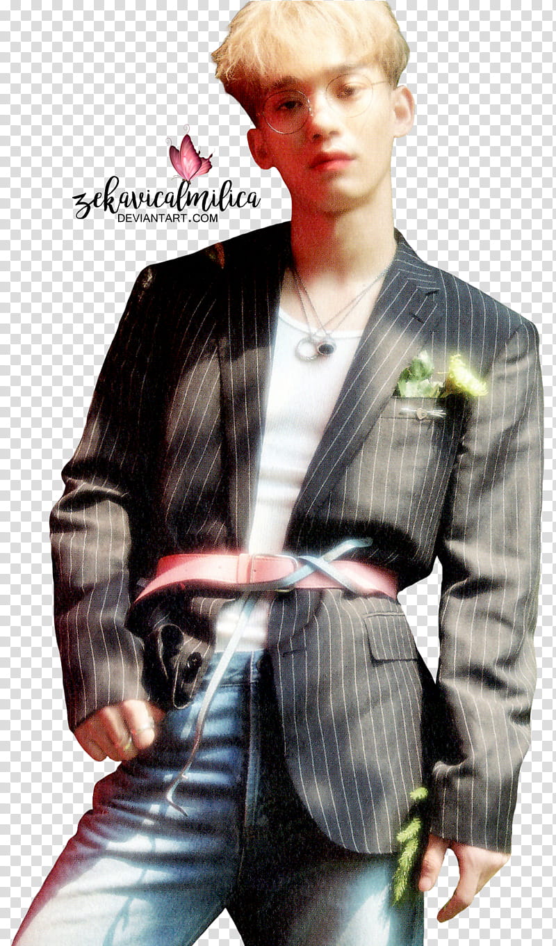 EXO Chen The War, man wearing black pinstriped coat with text overlay transparent background PNG clipart