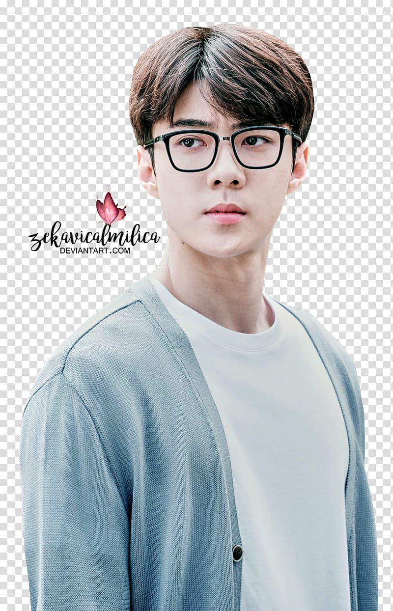 EXO Sehun Dokgo Rewind, man wearing eyeglasses and gray cardigan transparent background PNG clipart