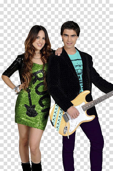 Eiza Gonzalez en SC, man wearing black blazer holding brown electric guitar besides woman wearing green and black dress transparent background PNG clipart