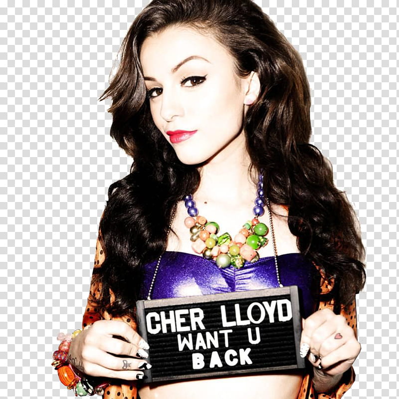 Cher Lloyd , woman in purple brassiere holding card transparent background PNG clipart