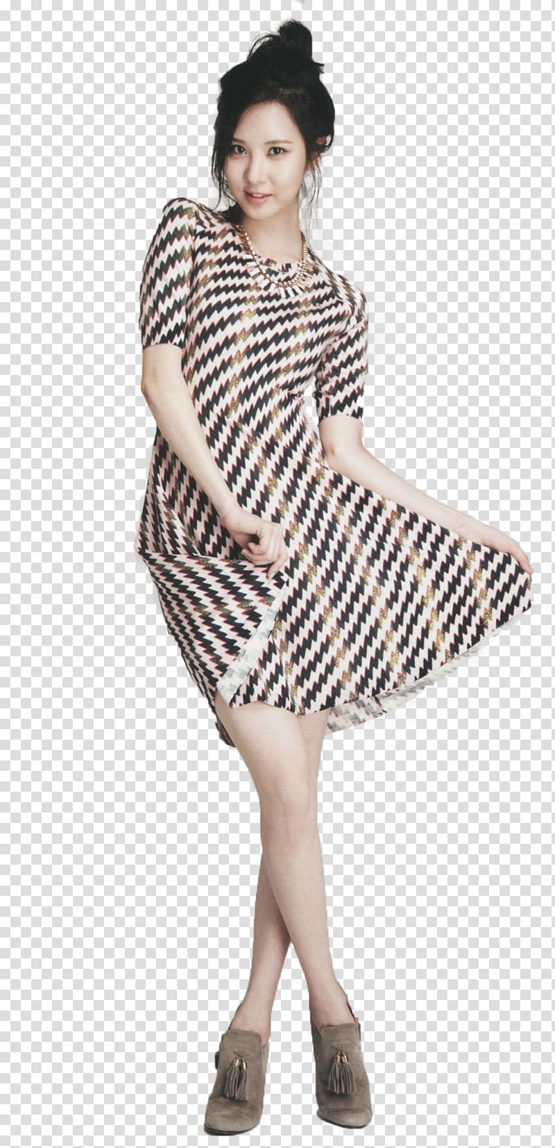 Seohyun SNSD Render, standing woman wearing black, white, and brown short-sleeved dress holding skirt transparent background PNG clipart