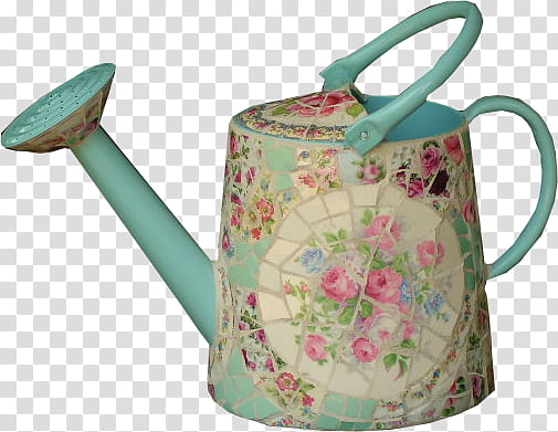 vintage pk , teal and pink floral watering can transparent background PNG clipart