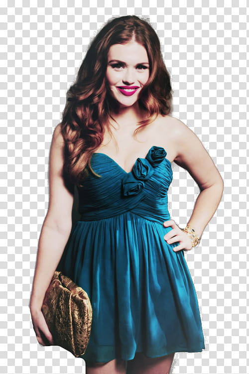 Holland Roden, woman in blue sweet-heart neckline mini dress transparent background PNG clipart