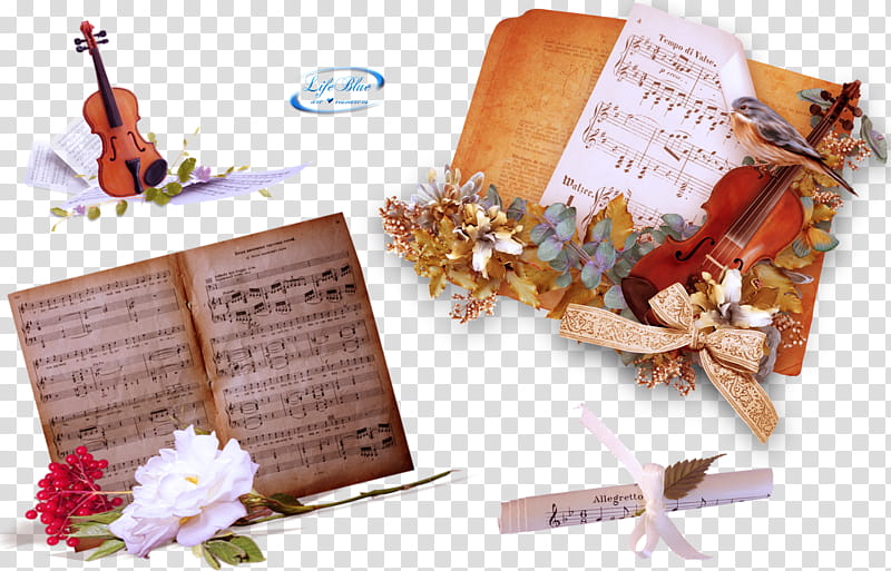 Music, brown violin and music book transparent background PNG clipart