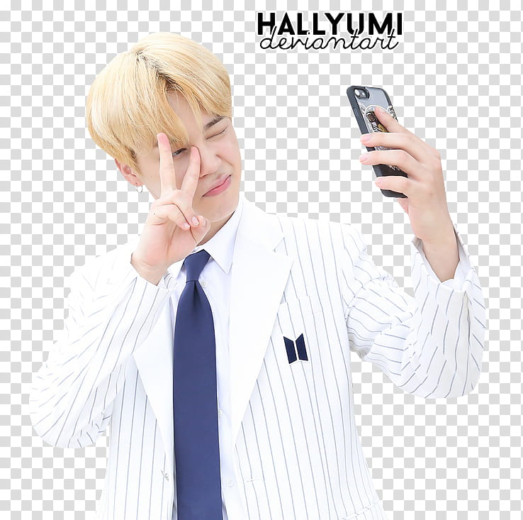 Jimin, man wearing white suit jacket while holding smartphone transparent background PNG clipart