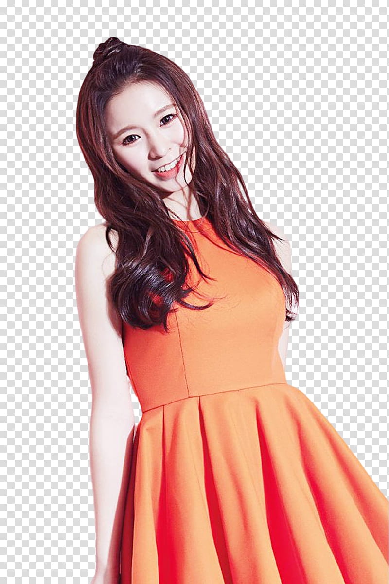 CLC Crystal Clear renders, woman wearing orange sleeveless dress transparent background PNG clipart
