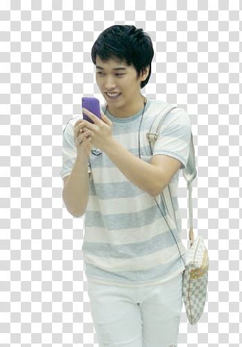 Sungmin s, smiling man holding purple smartphone and wearing Damier Azur Louis Vuitton crossbody bag transparent background PNG clipart