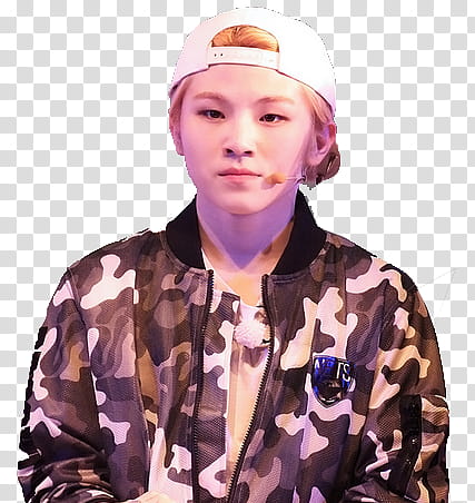 Seventeen , cutout of woman wearing reversed white snapback hat and camouflage bomber jacket transparent background PNG clipart