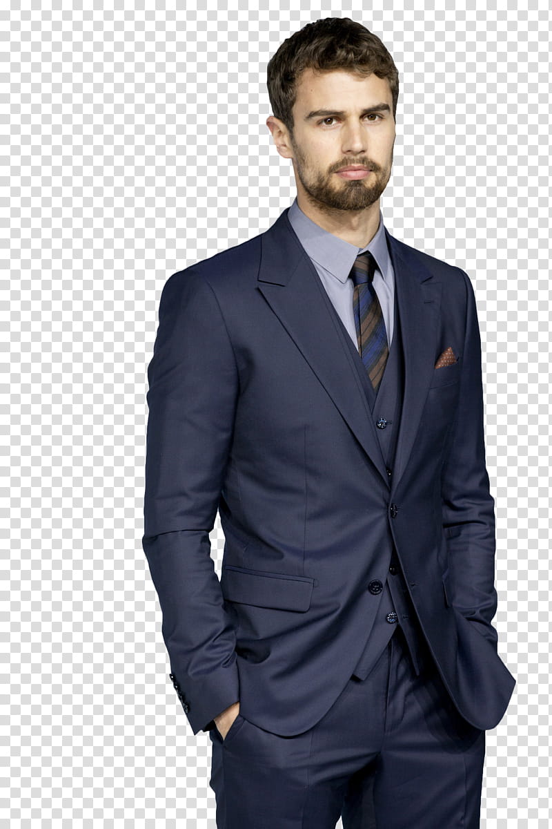 Theo James , man in blue -button suit jacket with pants transparent background PNG clipart