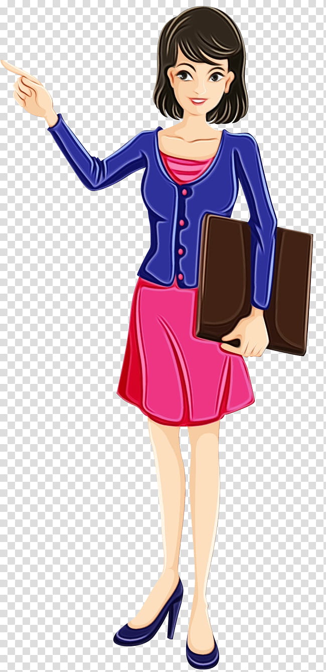 clothing cartoon fashion illustration standing electric blue, Watercolor, Paint, Wet Ink, Black Hair, Style, Flight Attendant transparent background PNG clipart