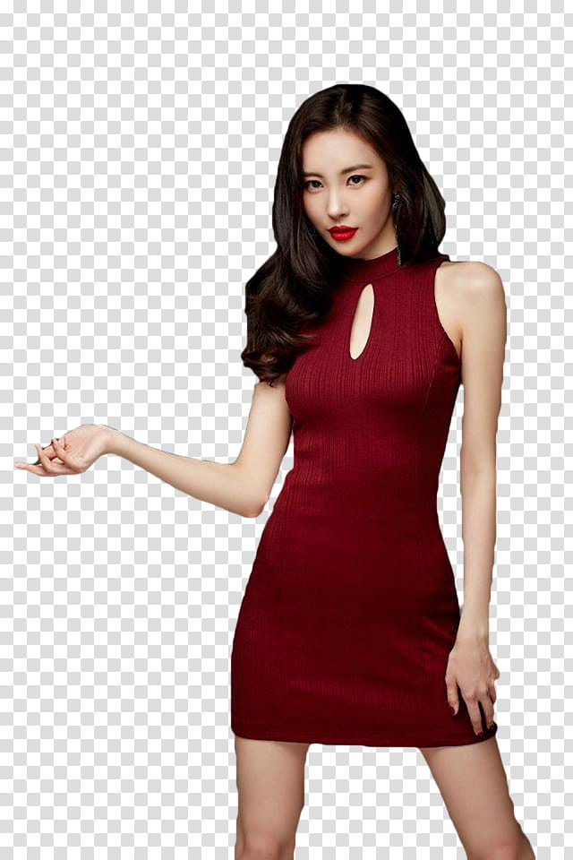 Sunmi, woman wearing red keyhole sleeveless bodycon mini dress transparent background PNG clipart