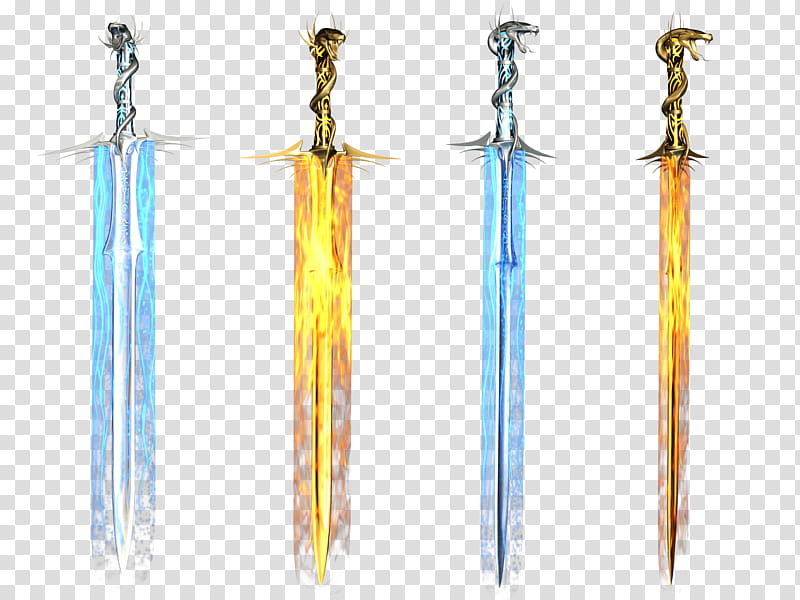 Fantasy Swords, four blue and yellow swords illustration transparent background PNG clipart