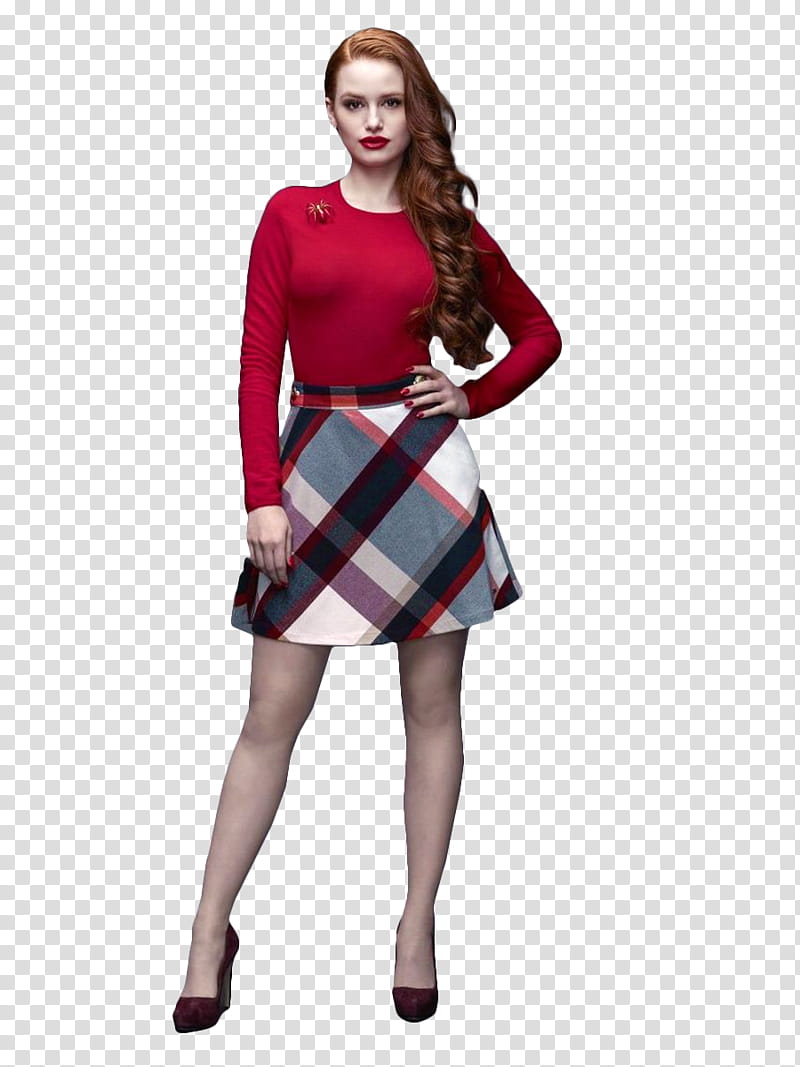 Riverdale, woman wearing red long-sleeved shirt and plaid A-line skirt transparent background PNG clipart