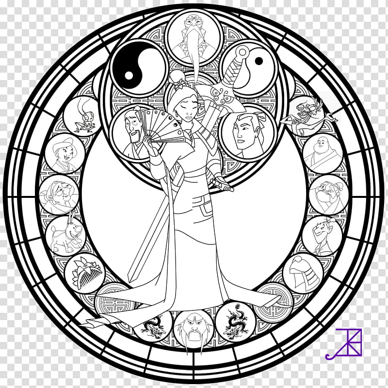 Mulan Stained Glass line art, woman holding hand fan illustration transparent background PNG clipart