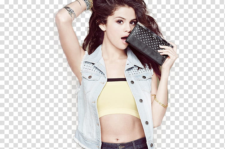 Selena Gomez Dream Out Loud, Selena Gomez holding black and white leather wallet transparent background PNG clipart