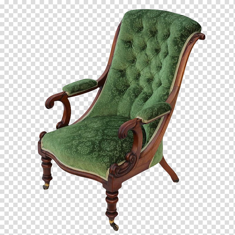 , tufted green suede armchair with brown wooden frame transparent background PNG clipart
